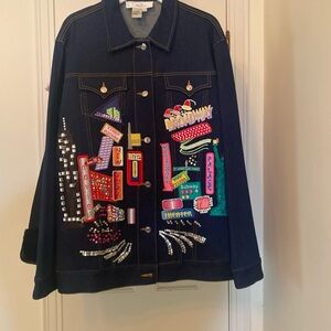 Diane GilmuColorful Embellished Denim Jacket NYC themed L